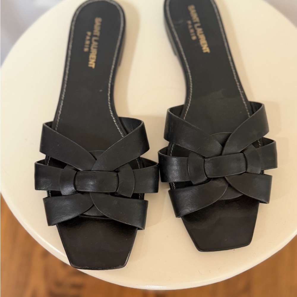 Saint Laurent Black Braided Leather Slide Sandals - Women - Picture 2 of 6